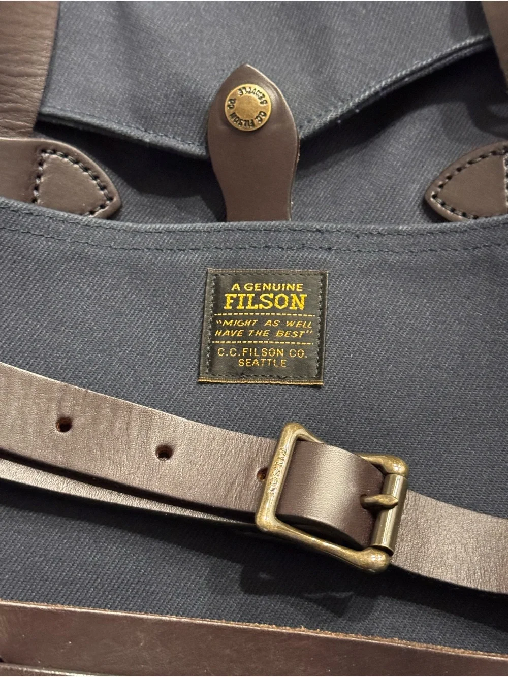 Filson Navy and Dark Brown Leather Laptop Briefcase